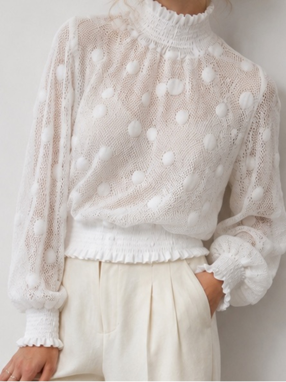 WoWo Mesh Dot Smocked Waist Top Size L White Mock neck Cottage Core